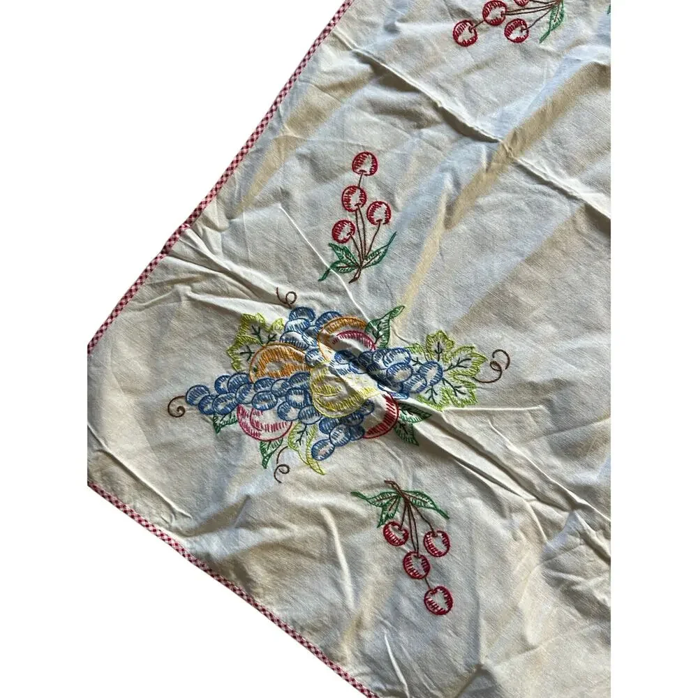 Vintage hand-embroidered square table topper tablecloth fruit design
